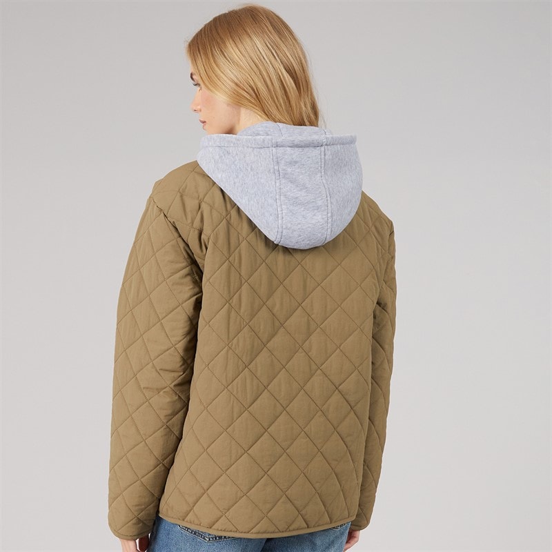 Womens Amalie Quilted Hooded Jacket Khaki/Grey Marl - Image 2