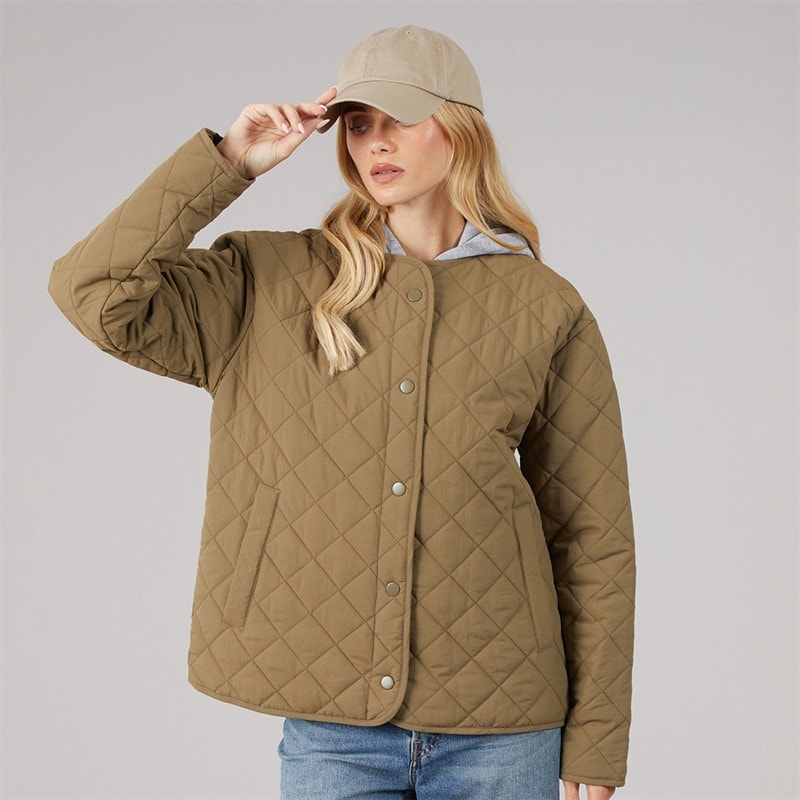 Womens Amalie Quilted Hooded Jacket Khaki/Grey Marl - Image 3