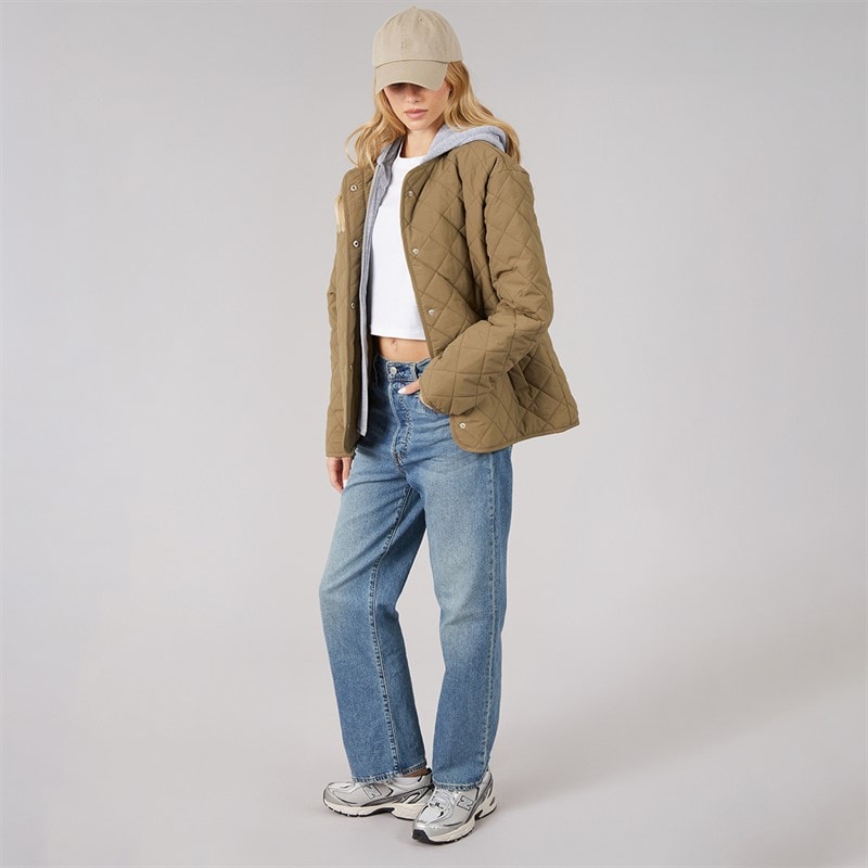 Womens Amalie Quilted Hooded Jacket Khaki/Grey Marl - Image 4