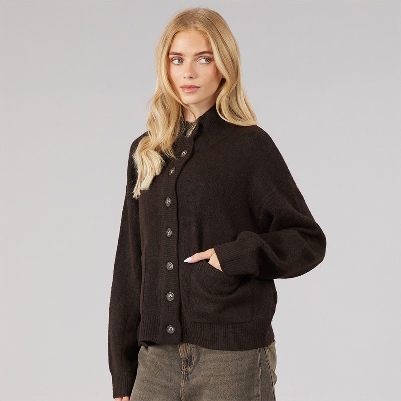 Womens Knitted Button Through Cardigan Chocolate - Image 3