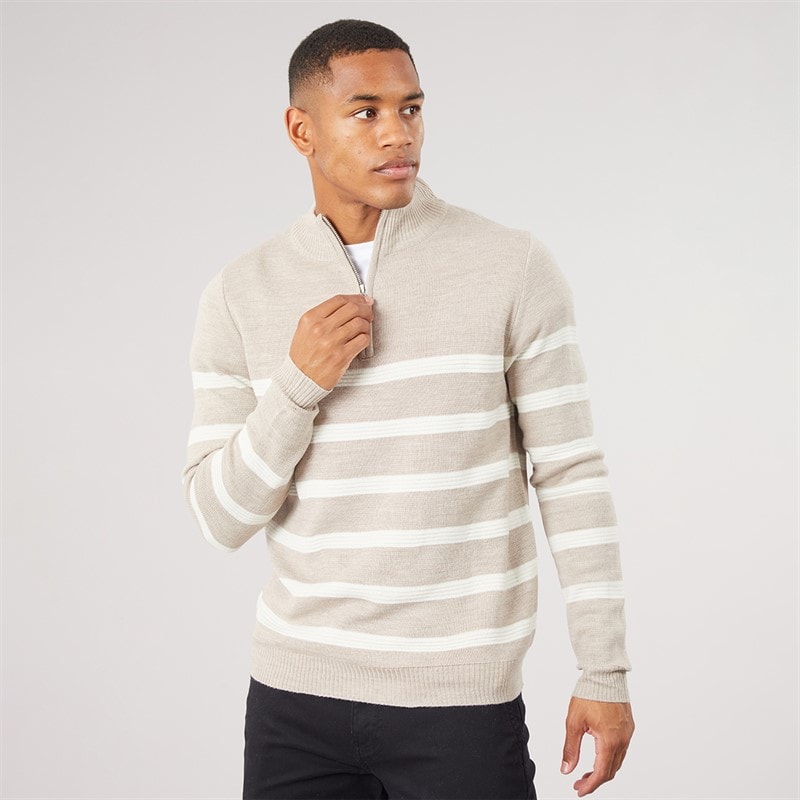 Brave Soul Mens Heathric Knitted 1/4 Zip Jumper Taupe Marl/Ecru