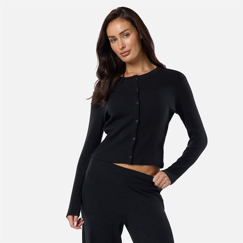 Womens Ribbed Button Up Top Black - Image 2
