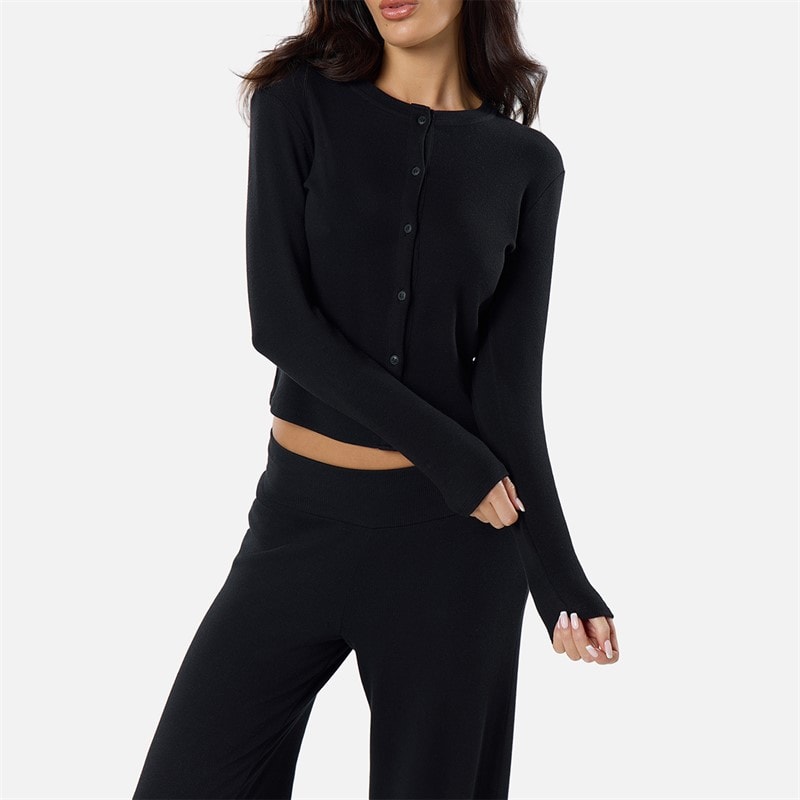 Womens Ribbed Button Up Top Black - Image 4
