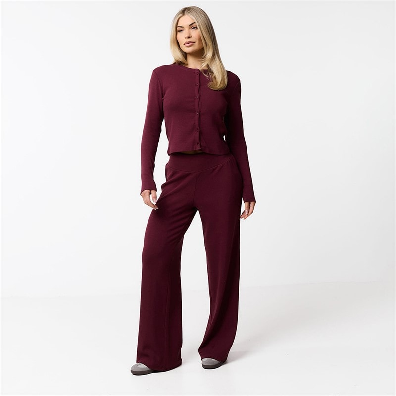 Womens Ribbed Open Hem Trousers Burgundy - Image 2
