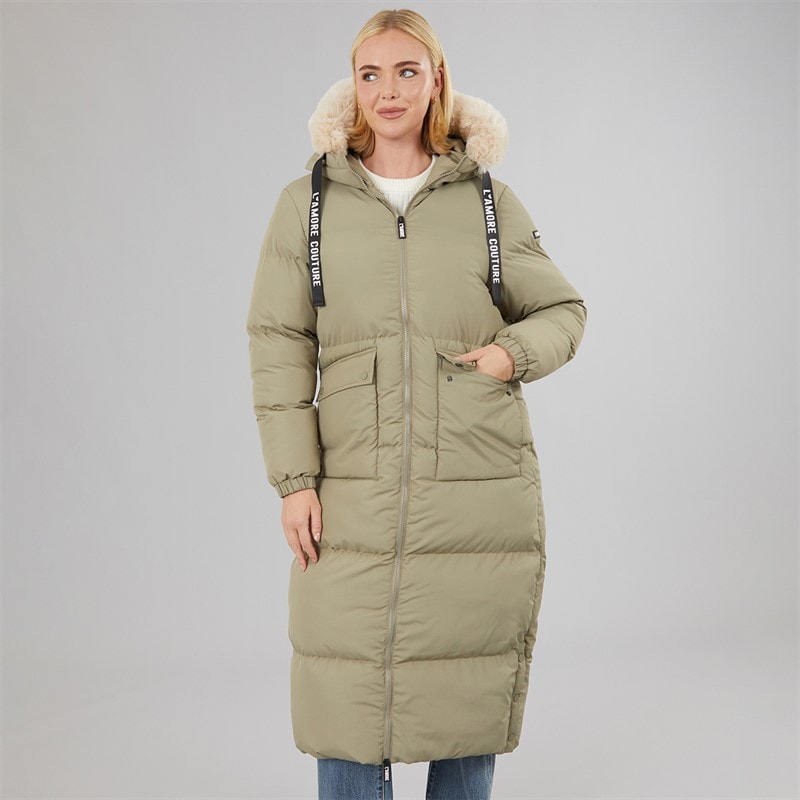 Womens Iris Long Puffer Coat Khaki - Image 3