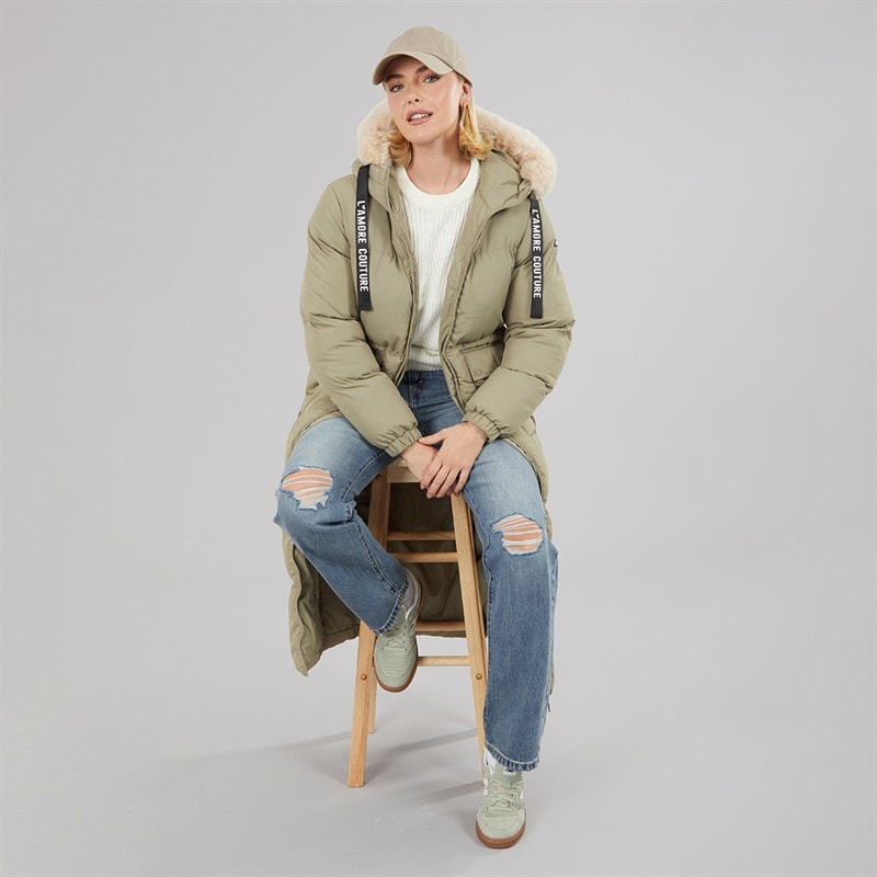 Womens Iris Long Puffer Coat Khaki - Image 4