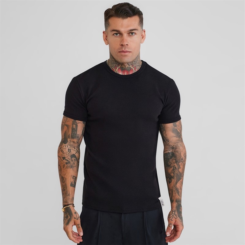 Mens Waffle Muscle Fit T-Shirt Black - Image 1
