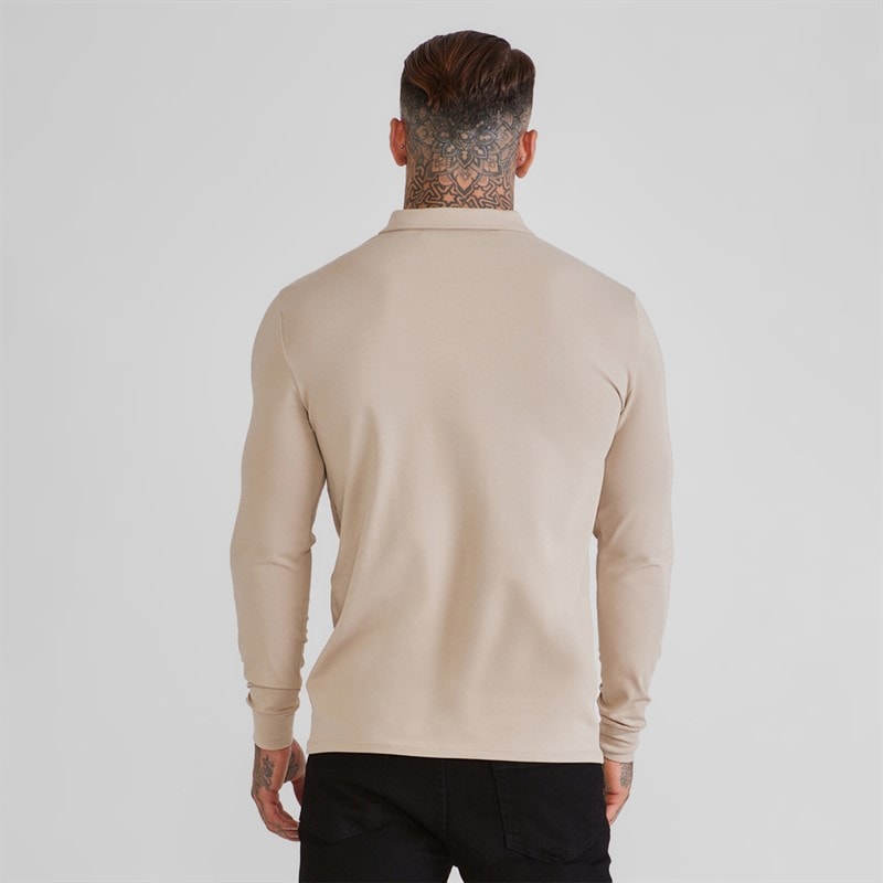 Mens Long Sleeve Zip Polo Shirt Beige - Image 2