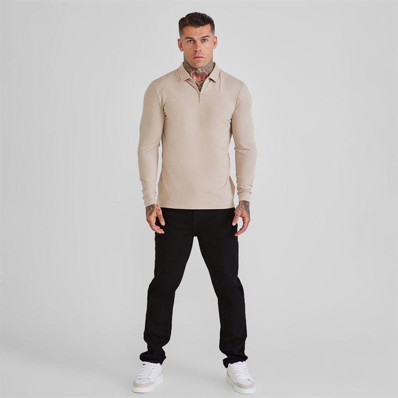 Mens Long Sleeve Zip Polo Shirt Beige - Image 3