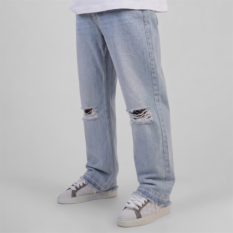 Mens Distressed Loose Fit Jeans Washed Light Blue - Image 1