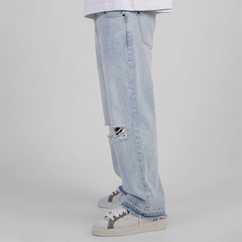 Mens Distressed Loose Fit Jeans Washed Light Blue - Image 3