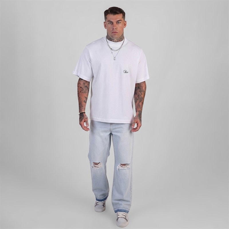Mens Distressed Loose Fit Jeans Washed Light Blue - Image 4