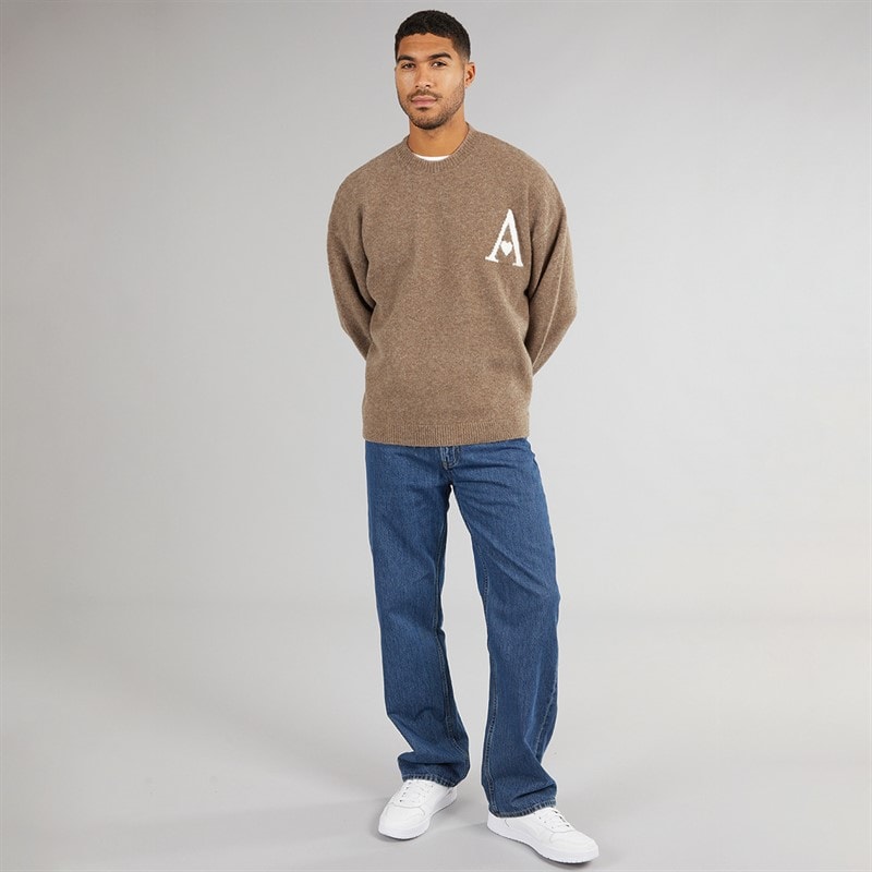 Mens Hearts Knitted Crew Neck Jumper Mink - Image 4