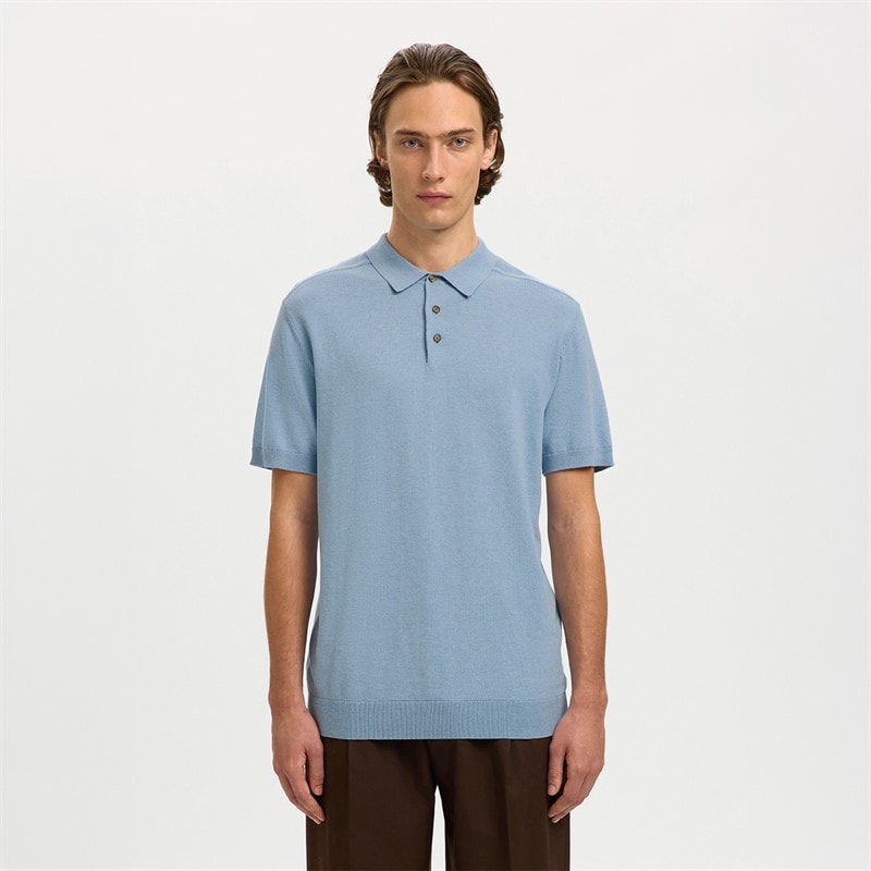 Selected Mens Berg Knit Polo Shirt Dusty Blue