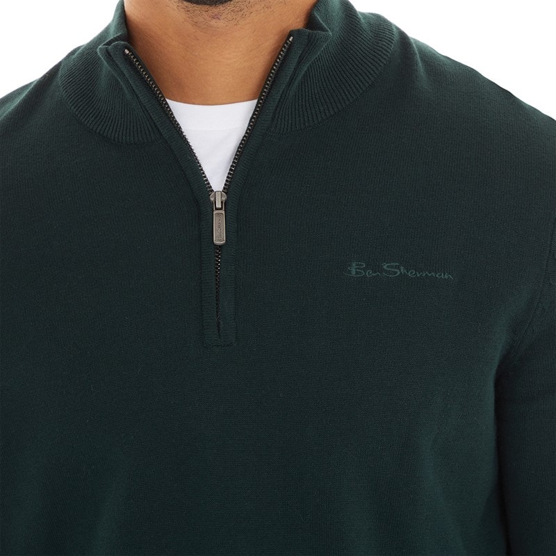 Mens 1/4 Zip Funnel Neck Jumper Dark Green - Image 3