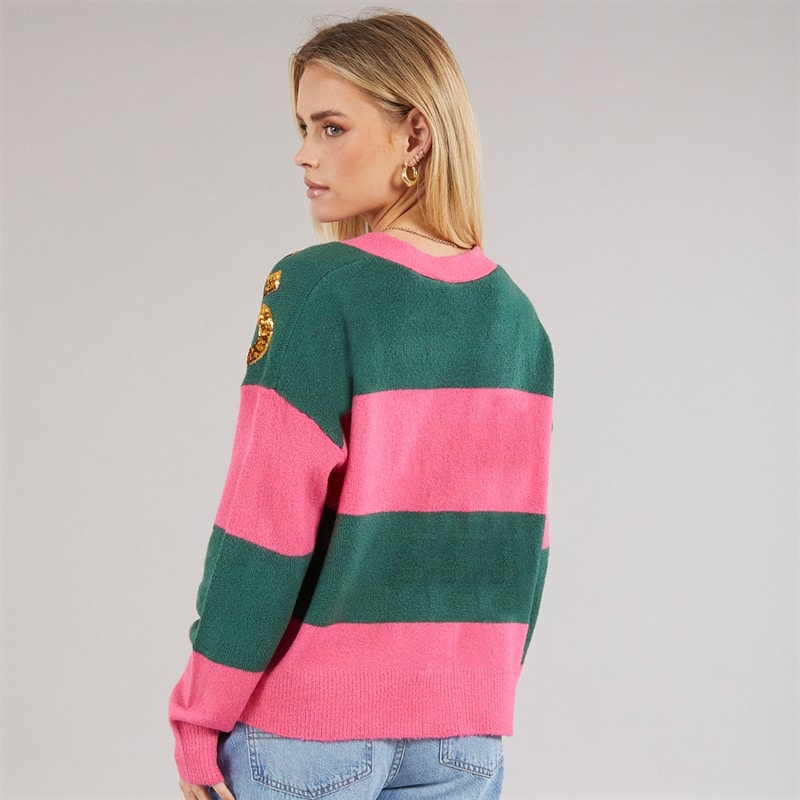 Womens Christmas Cardigan Pink/Green Stripe - Image 2