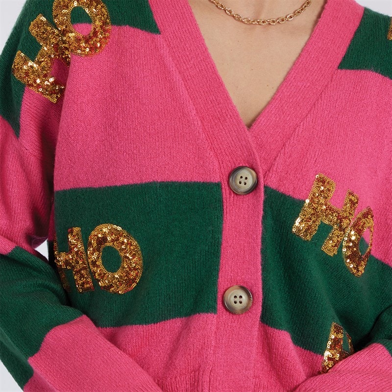 Womens Christmas Cardigan Pink/Green Stripe - Image 3