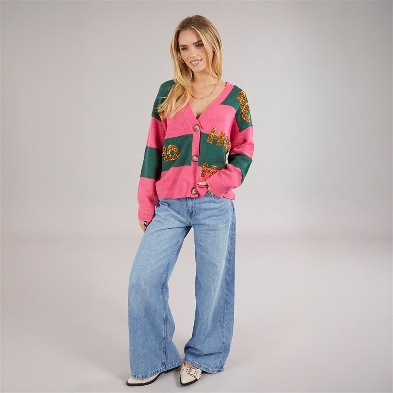 Womens Christmas Cardigan Pink/Green Stripe - Image 4