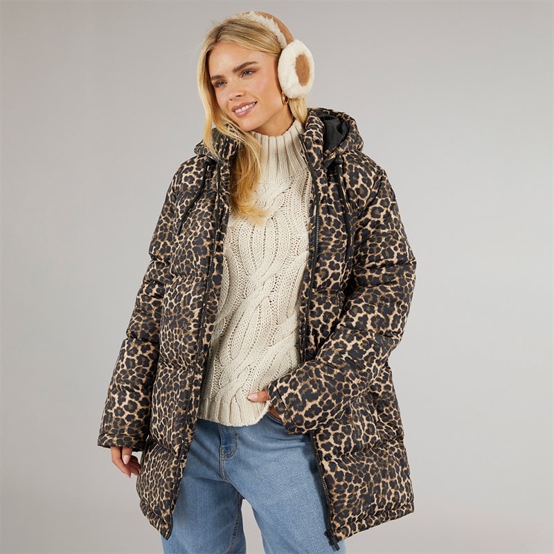 Brave Soul Womens Cello Long Puffer Coat Leopard