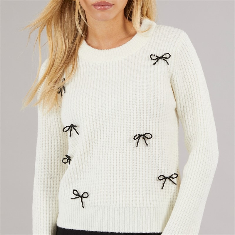 Womens Fisherman Crew Neck Jumper Cream/Black Bows - Image 3