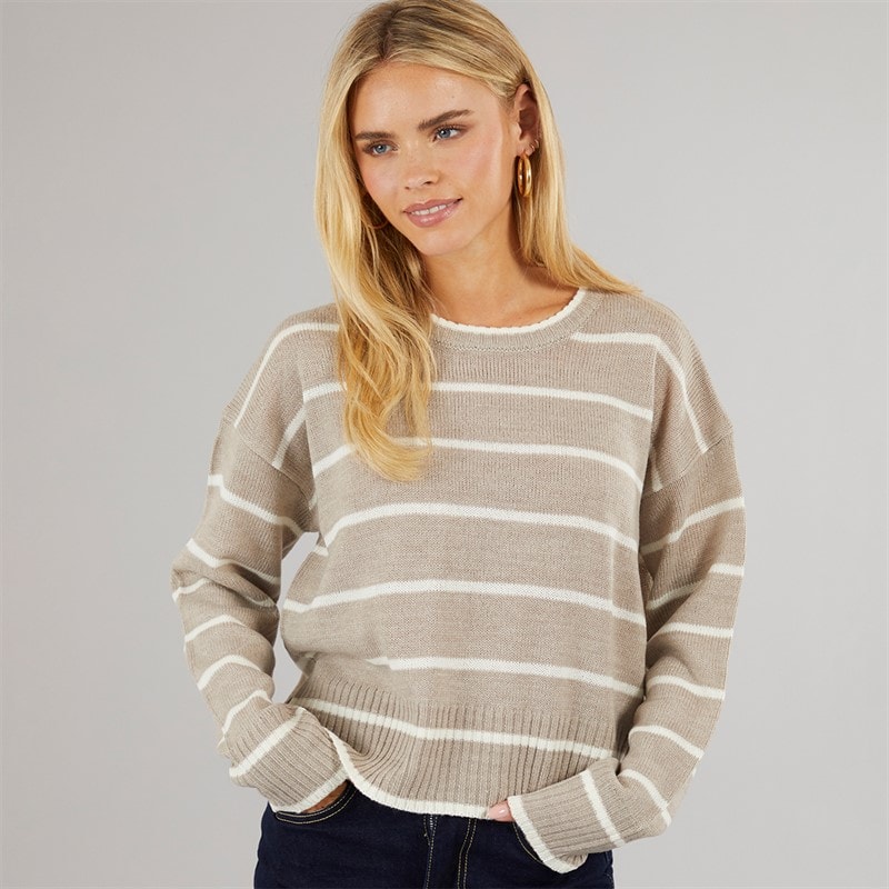 Brave Soul Womens Mason Crew Neck Jumper Mink/White Stripe