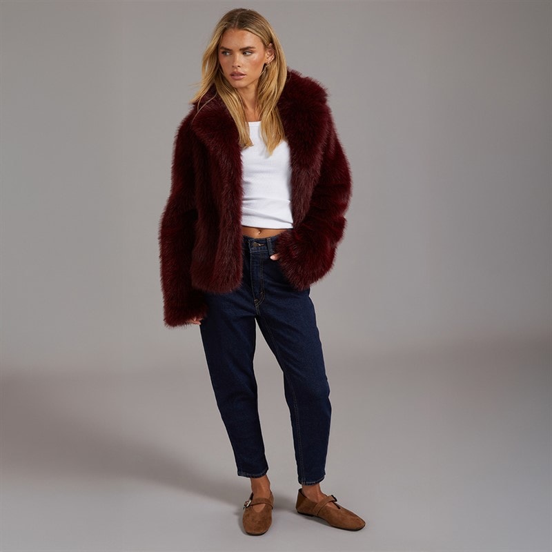 Womens Chive Faux Fur Jacket Burgundy - Image 3