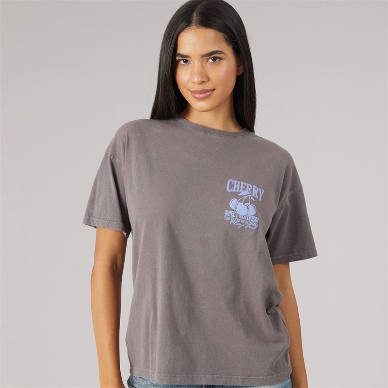 Womens Cherry T-Shirt Grey Acid Wash/Purple - Image 2
