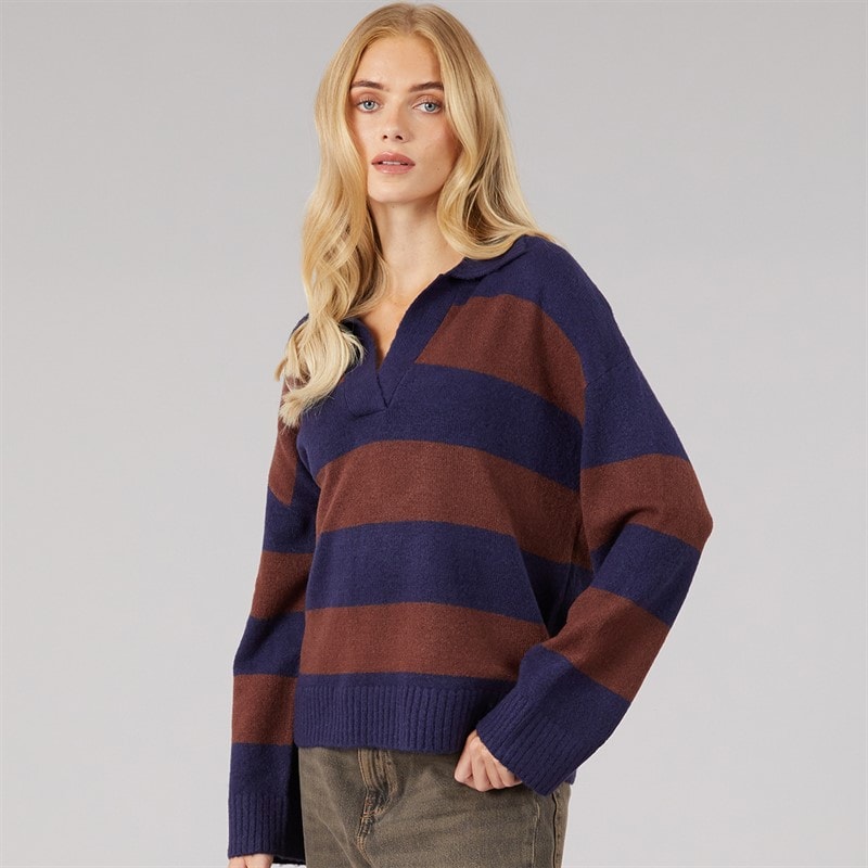 Womens Ditto Trophy Neck Jumper Navy/Brown Stripe - Image 3