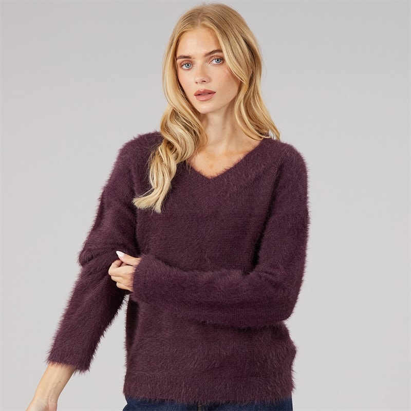 Womens Brent Fluffy V-Neck Jumper Plum - Image 3
