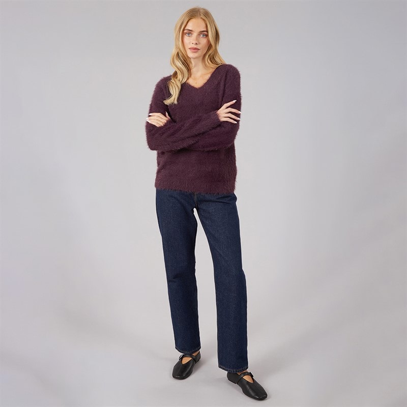 Womens Brent Fluffy V-Neck Jumper Plum - Image 4