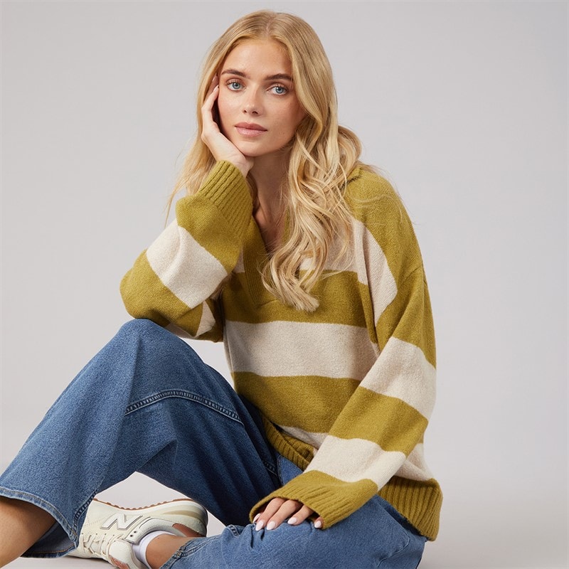 Brave Soul Womens Ditto Trophy Neck Jumper Olive Green/Oatmeal Stripe