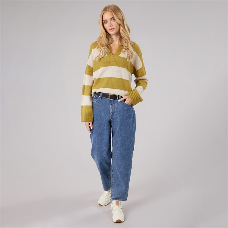 Womens Ditto Trophy Neck Jumper Olive Green/Oatmeal Stripe - Image 4