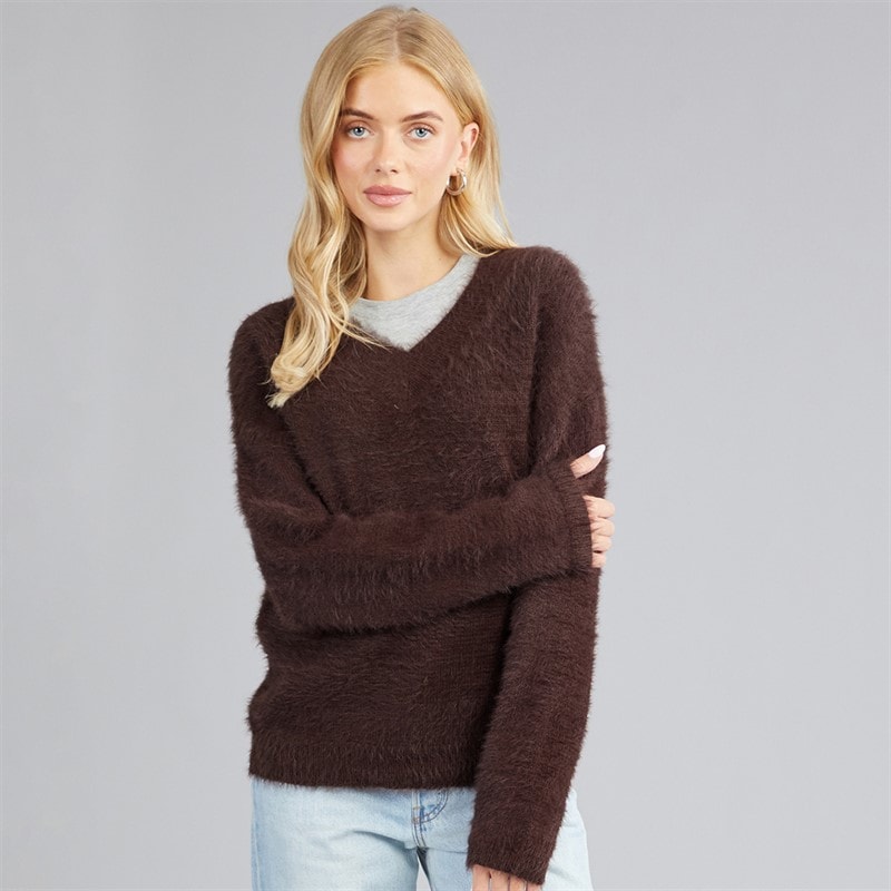 Brave Soul Womens Brent Fluffy V-Neck Jumper Bitter Chocolate