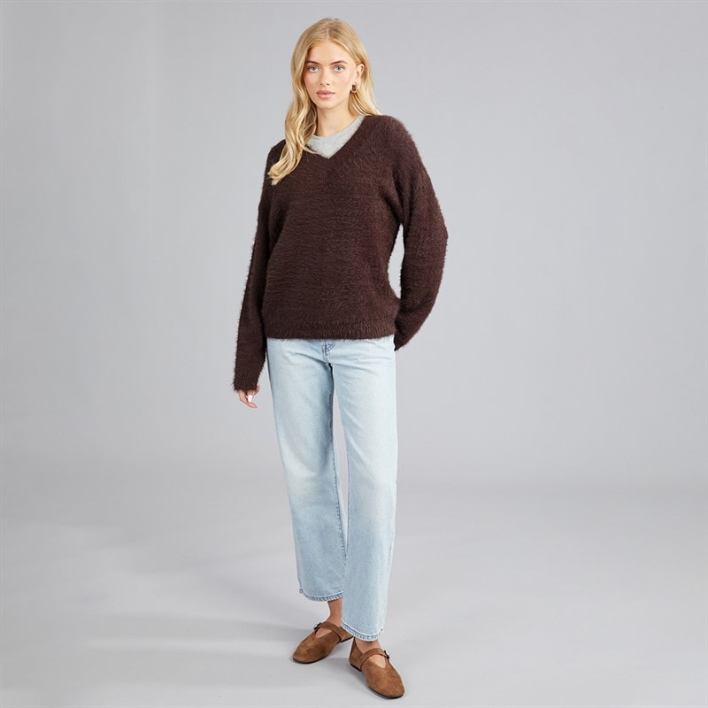 Womens Brent Fluffy V-Neck Jumper Bitter Chocolate - Image 3