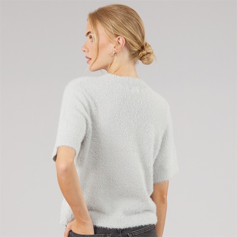 Womens Crystal Fluffy Knit T-Shirt Light Grey - Image 2
