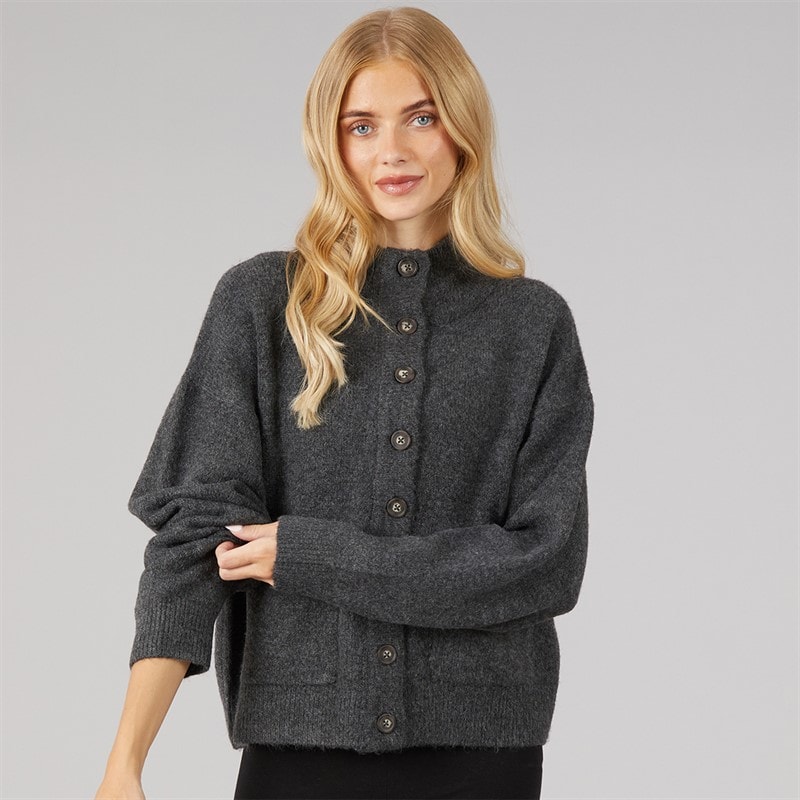 Brave Soul Womens Knitted Button Through Cardigan Dark Charcoal