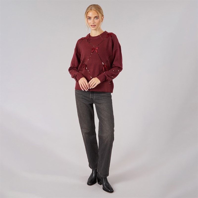 Womens Sequin Crew Neck Jumper Cherry - Image 3