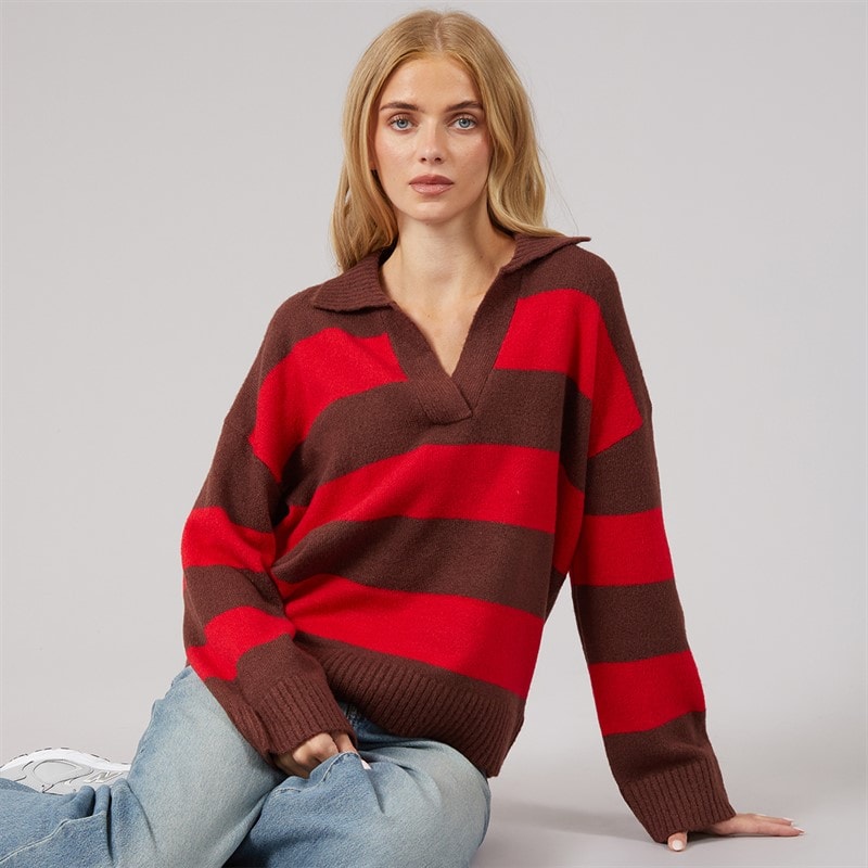Brave Soul Womens Ditto Trophy Neck Jumper Brown/Red Stripe