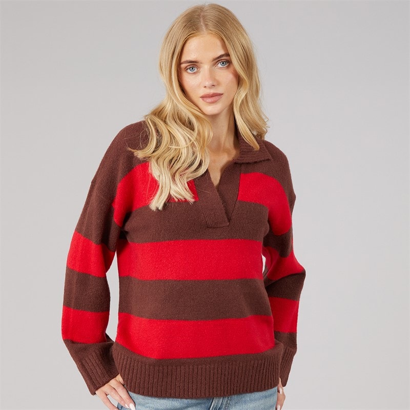Womens Ditto Trophy Neck Jumper Brown/Red Stripe - Image 3