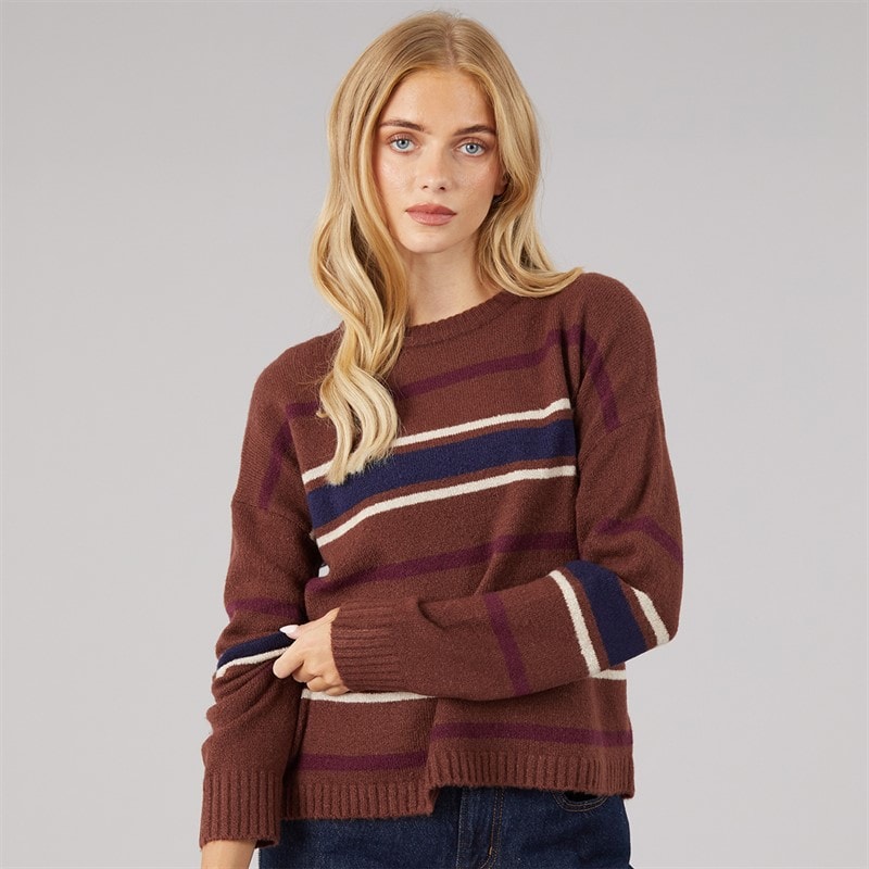 Brave Soul Womens Sian Crew Neck Jumper Brown/Multi Stripe