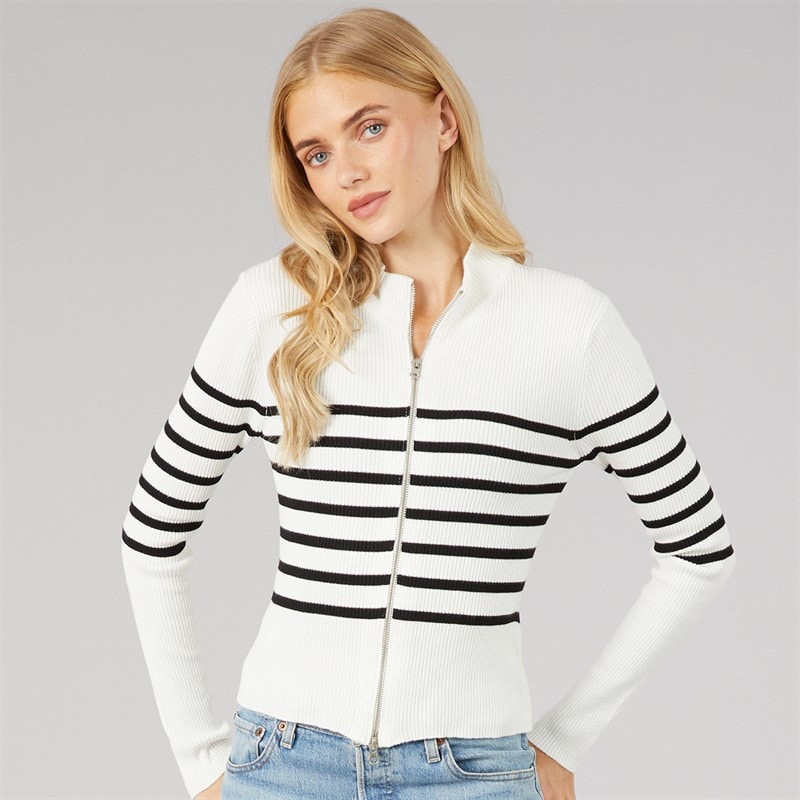 Brave Soul Womens Zip Through Stripe Cardigan White/Black