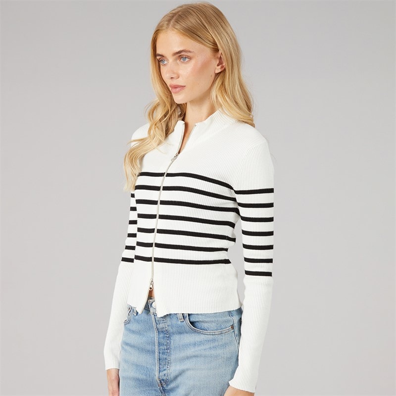 Womens Zip Through Stripe Cardigan White/Black - Image 3