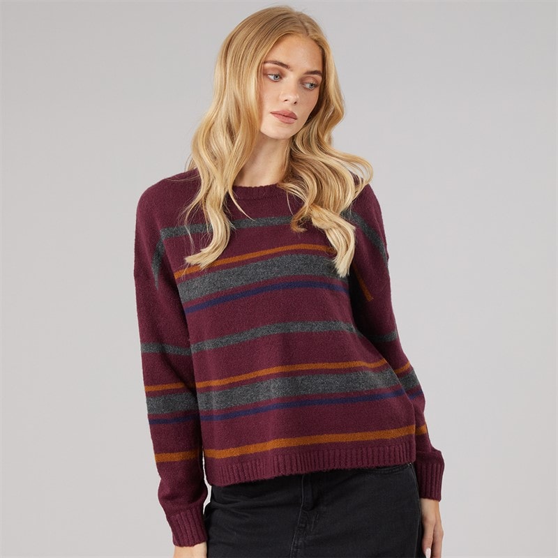 Brave Soul Womens Sian Crew Neck Jumper Cherry/Multi Stripe