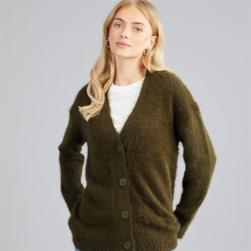 Brave Soul Womens V-Neck Fluffy Cardigan Khaki