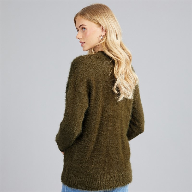 Womens V-Neck Fluffy Cardigan Khaki - Image 2