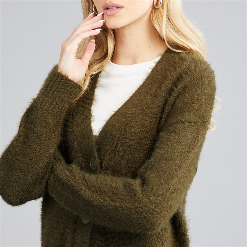 Womens V-Neck Fluffy Cardigan Khaki - Image 3