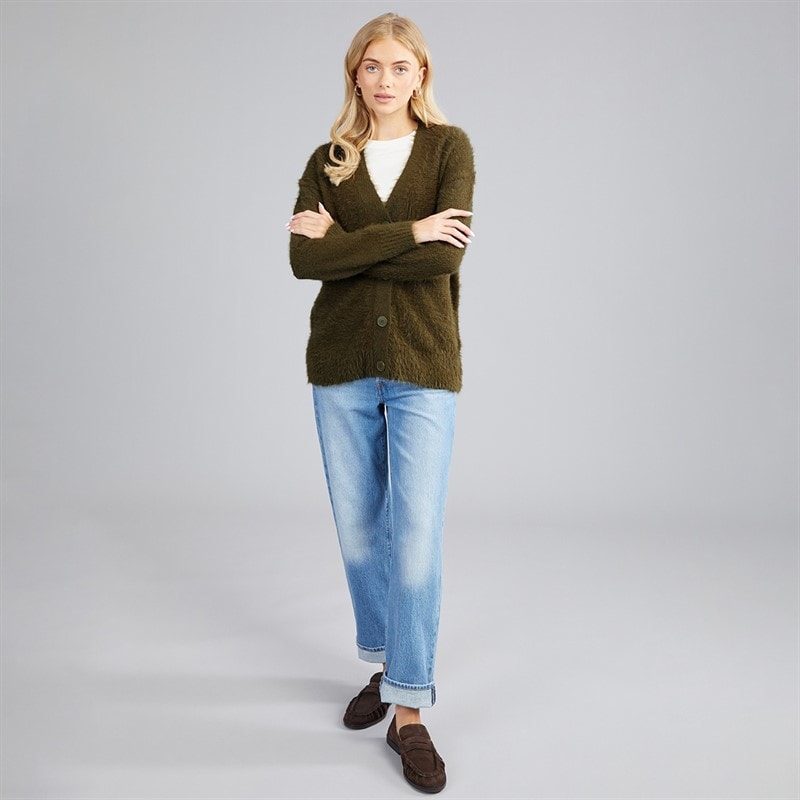 Womens V-Neck Fluffy Cardigan Khaki - Image 4