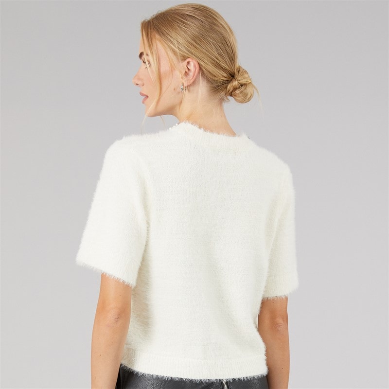 Womens Crystal Fluffy Knit T-Shirt Ivory - Image 2