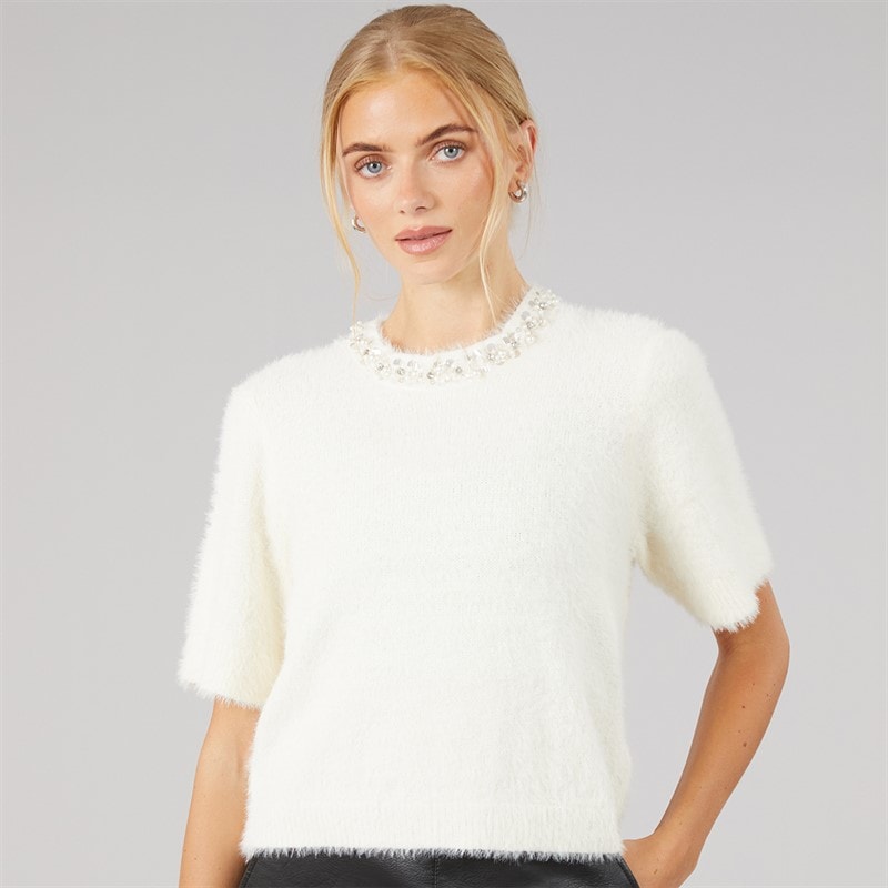 Womens Crystal Fluffy Knit T-Shirt Ivory - Image 3