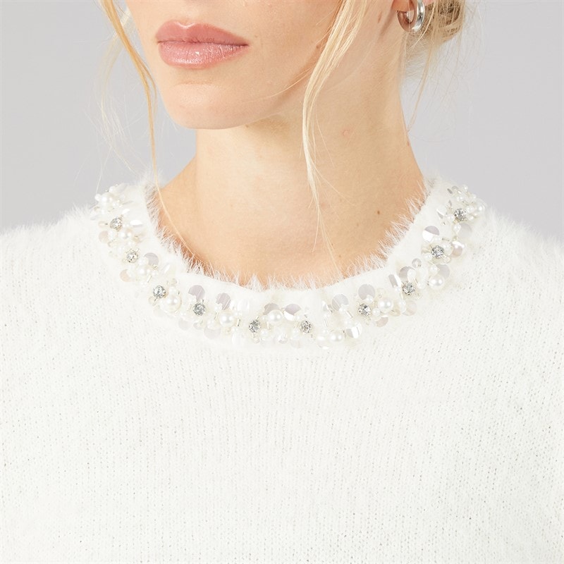 Womens Crystal Fluffy Knit T-Shirt Ivory - Image 5